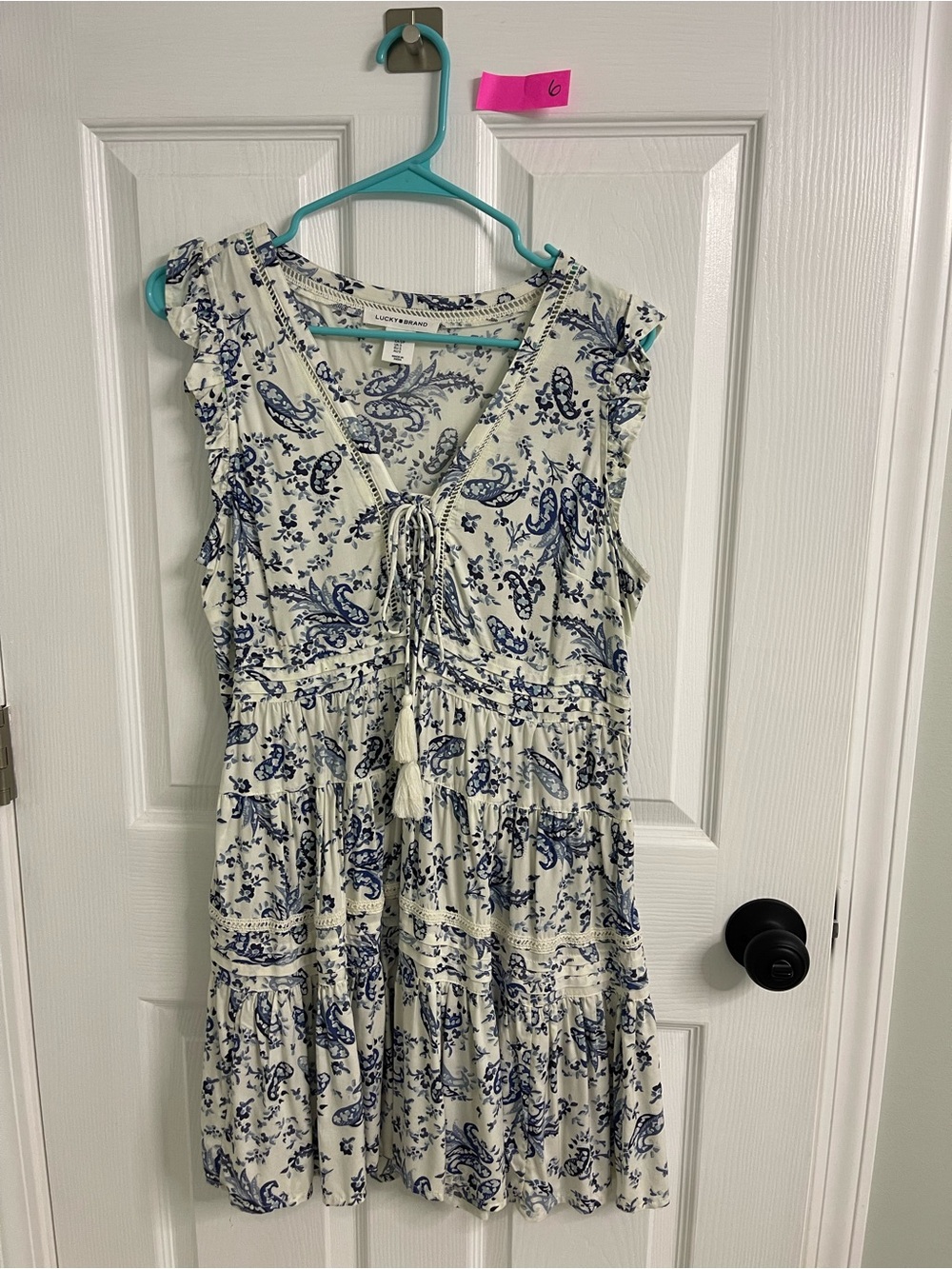 Lucky Brand Cream and Blue Paisley Tie-Front Tiered Dress